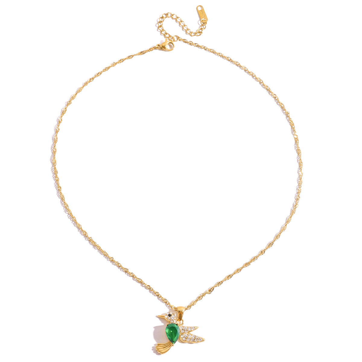 Women's Vintage Style 18K Gold Stainless Steel + Zircon + Rhinestone Necklace With Green Zircon And White Rhinestone Bird Pendant 41+5CM