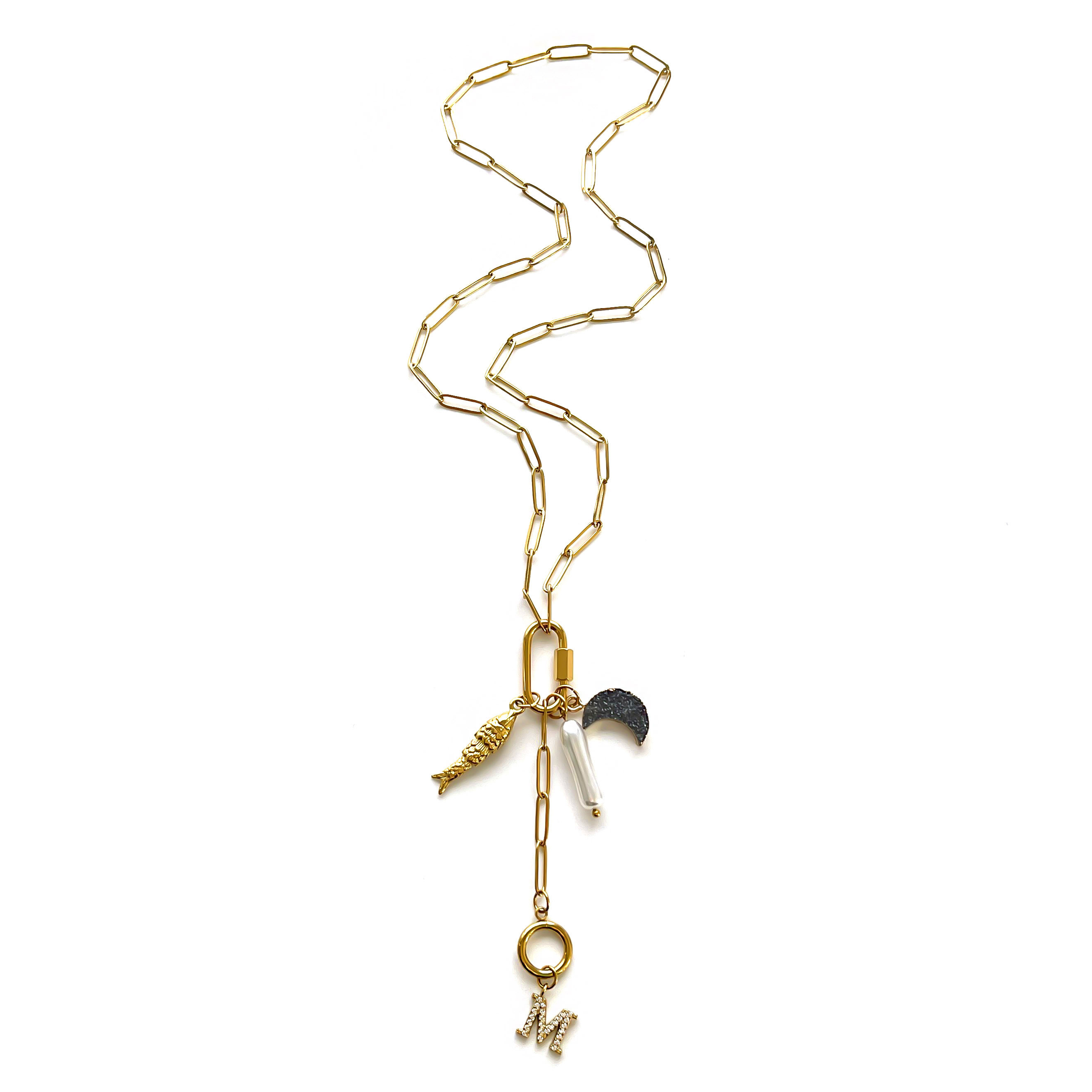 Women's 26 Letters 18K Gold Plated 304 Stainless Steel Vacuum Electroplated Waterproof Non-Fading Pearl Moon Fish Tassel Hypoallergenic Y-Chain Collarbone Chain Paperclip Chain Accessories Simple Style