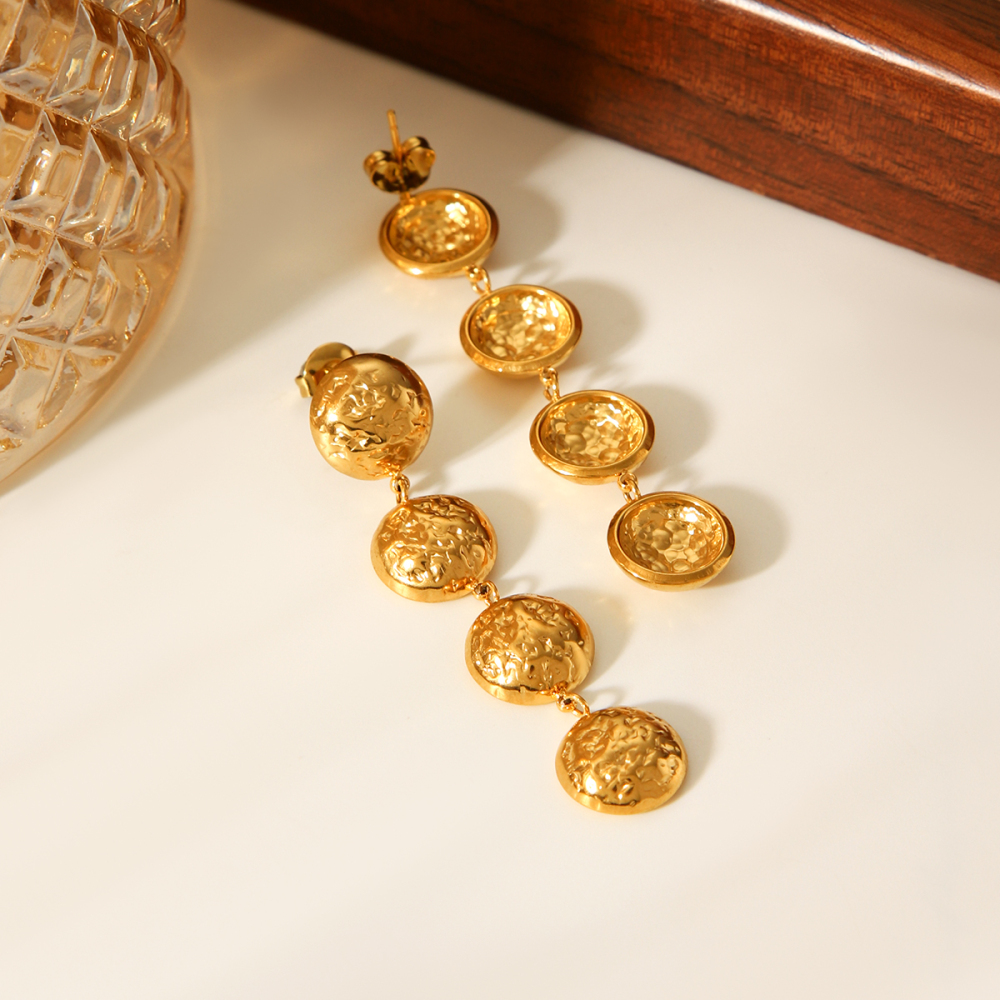 INS Style Round Hammered Pattern Stainless Steel Earrings Tassel Ear Accessories Versatile 18K Gold Titanium Steel Jewelry For Women