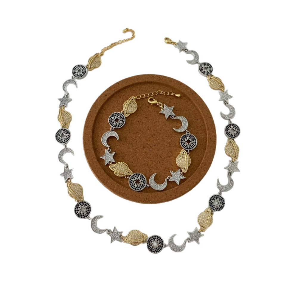 Retro Alloy Full Diamond Connected Stars Moons Planets Bracelet Necklace Women Simple Style Copper Jewelry Accessories