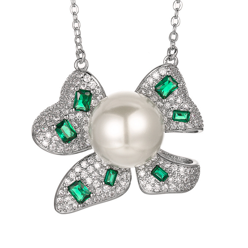 Green Butterfly Knot Pearl Necklace Earrings Set Women's Fashion High-End Lightweight Luxury Engraved Jewelry Accessories