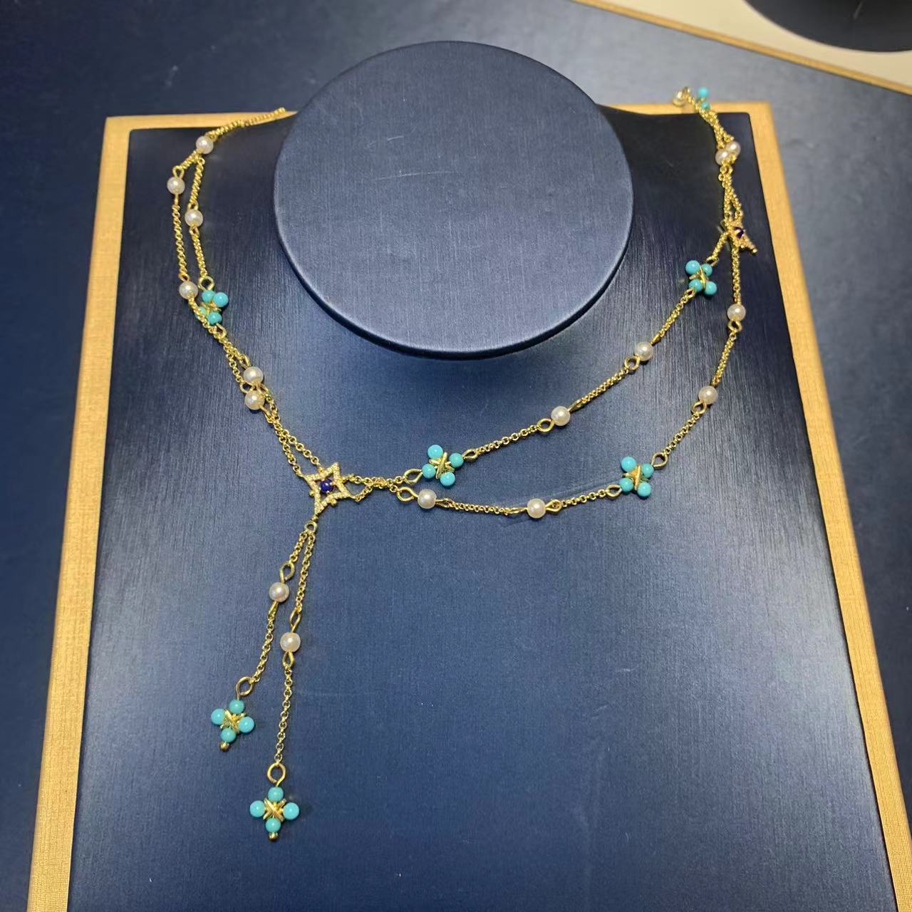 Elegant Green Turquoise Pearl Necklace For Women With Four Leaf Clover Tassel Clavicle Chain Simple Geometric Design Jewelry