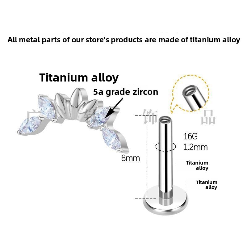 136 Titanium Alloy Leaf Design Multi-Diamond Earrings Body Piercing Lip Stud Women's Jewelry Simple Geometric Pattern