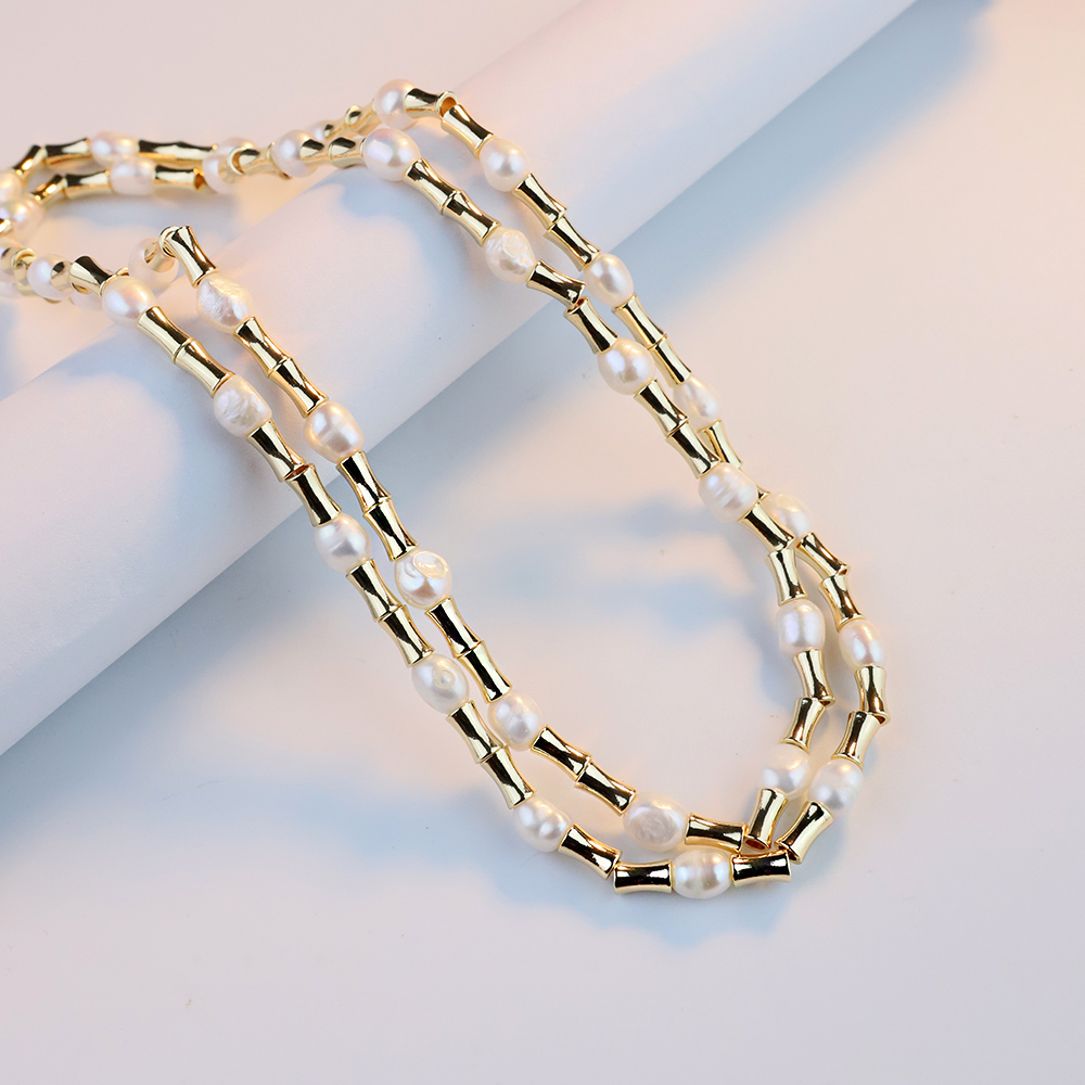 Natural Freshwater Pearl Necklace Bracelet Set Metal Double Layer Bamboo Node High-End Jewelry Accessories For Women