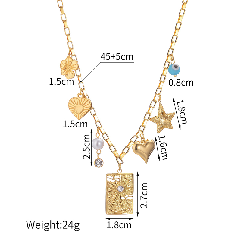 304 Stainless Steel Heart Shape Flower PVD Coated Rhinestones 18K Real Gold Plated Elegant Retro Classic Style Waterproof Non Tarnish Snake Chain Gold Multi Charms Necklace