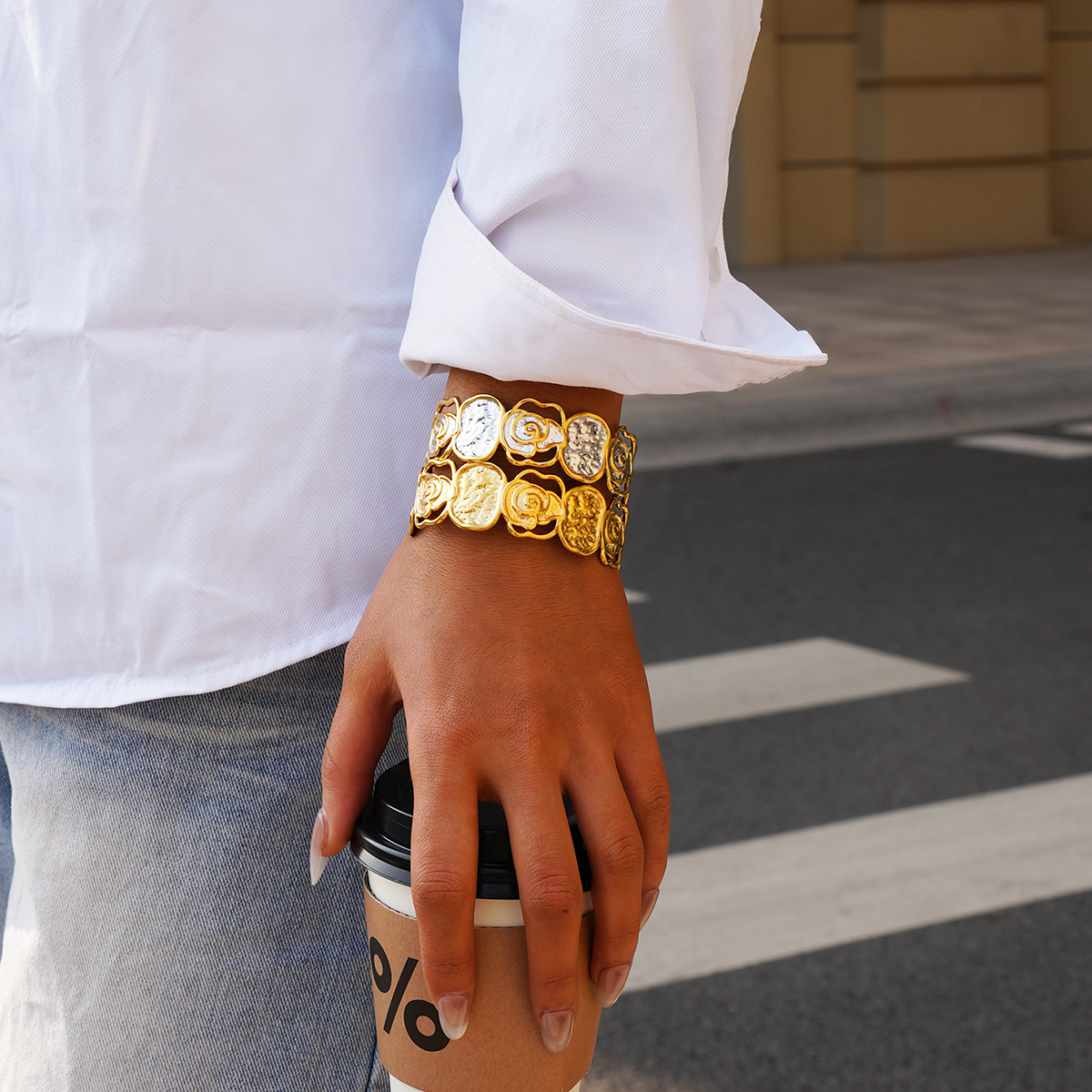 18K Gold Plated 304 Stainless Steel Vacuum Electroplating (In Furnace) Vintage Floral Rose Women's Bracelet Thick Jewelry Accessories Waterproof Non-Fading Asymmetric Three-Dimensional