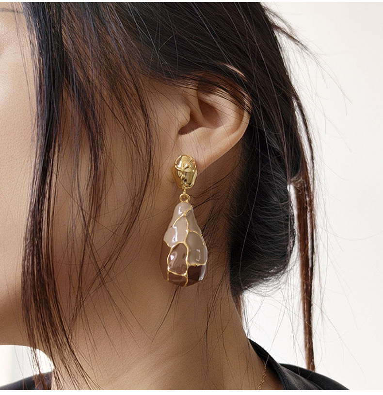 Fashionable Vintage Striped Drip Glaze Earrings For Women French Style Cracked Pattern Puzzle Drop Earrings Water Pattern Accessories