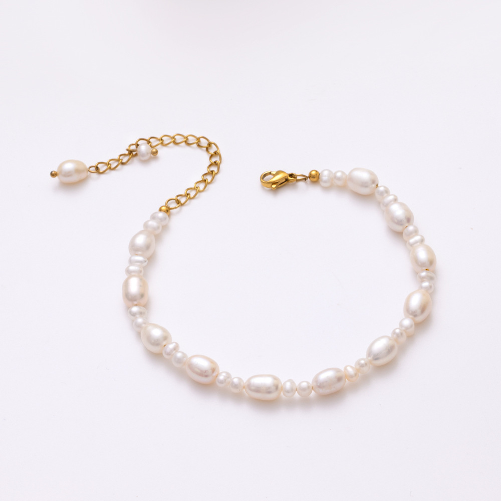 Fashionable Commuter INS European Women's 18K Gold Stainless Steel Natural Freshwater Pearl Bracelet Hand Jewelry Accessories