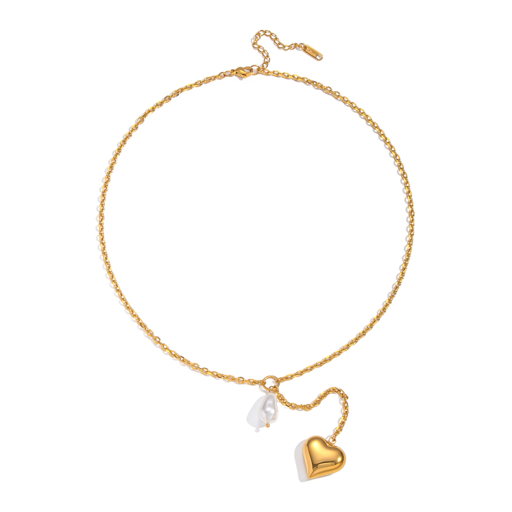 Personality Simple Baroque Imitation Pearl Heart Pendant Necklace Sweater Chain Light Luxury High-End Accessories Jewelry Vacuum Plating (Furnace)