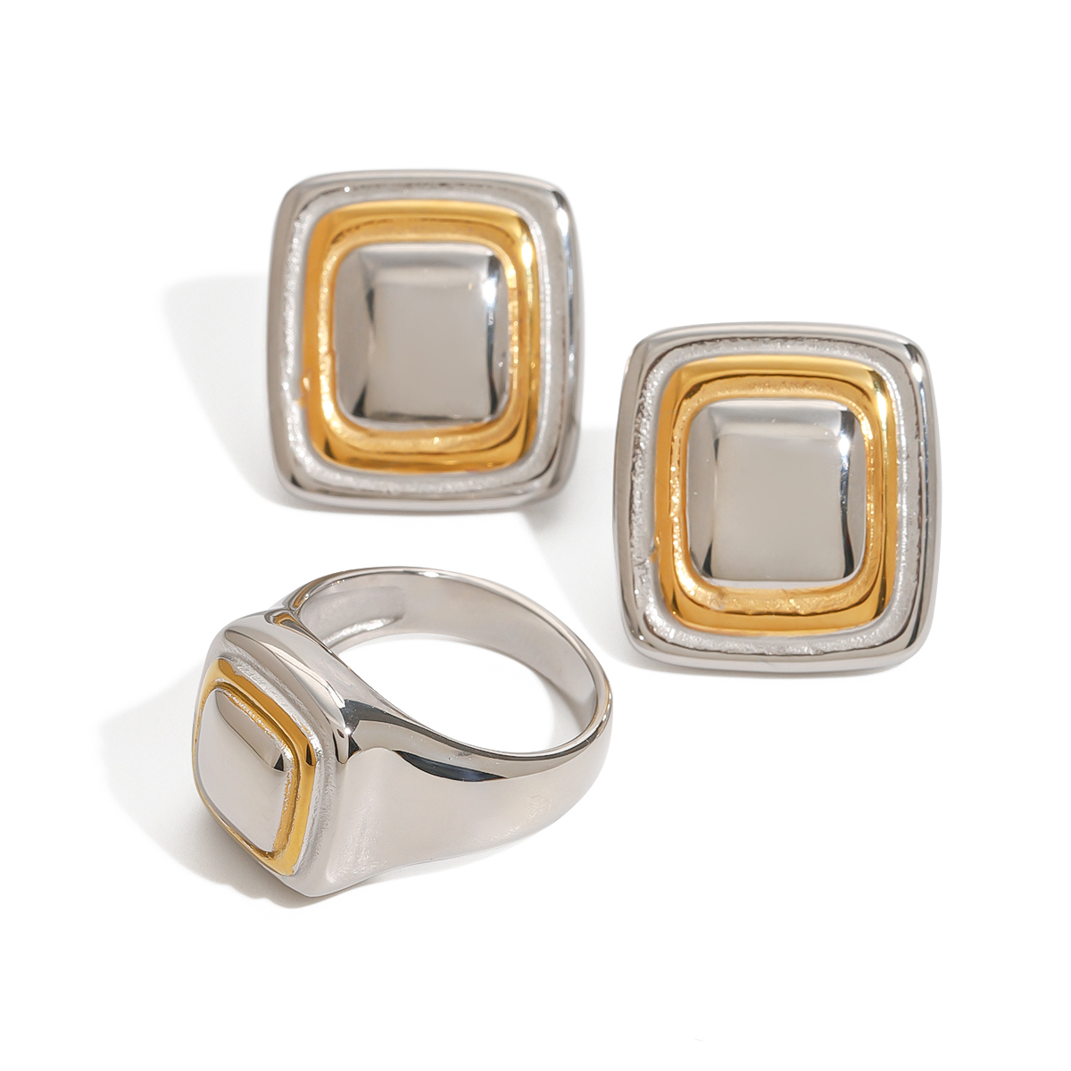 304 Stainless Steel Square PVD Coated 18K Real Gold Plated Vintage Style Classic Style Mixed Metal Rings Earrings