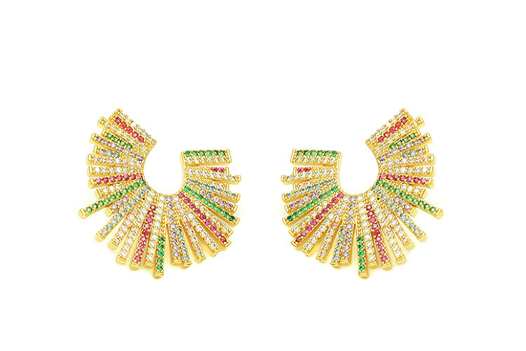 Exaggerated Geometric Mixed Color Zircon Inlaid Gold Plated Earrings Fashionable Personality U-Shaped Jewelry Accessories