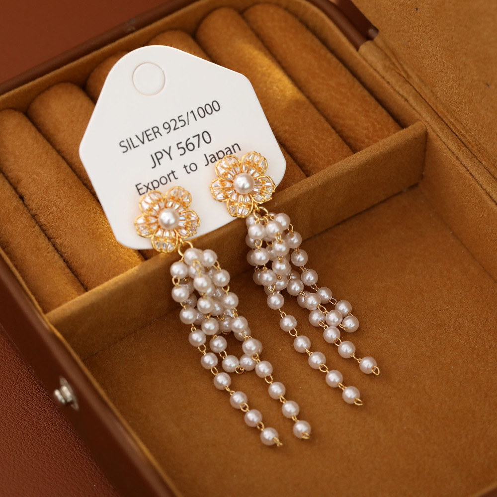 Fashionable Long Pearl Earrings S925 Silver Needle Tassel Drop Earrings New Trendy Jewelry Accessories Women's Geometric Pattern Bohemian Style