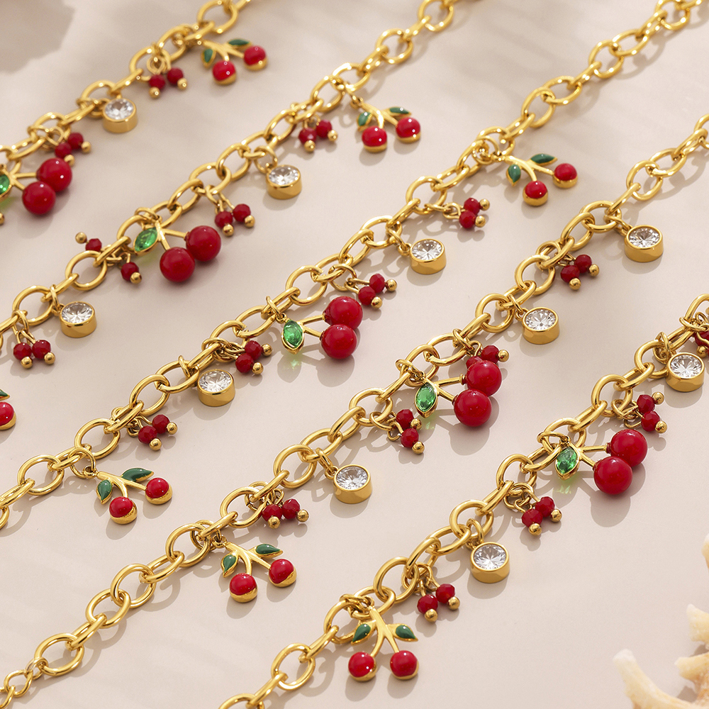 Stainless Steel Cherry Red Pearl Zirconia 18K Gold Plated Bracelet Necklace Set Versatile Personality Jewelry Accessories