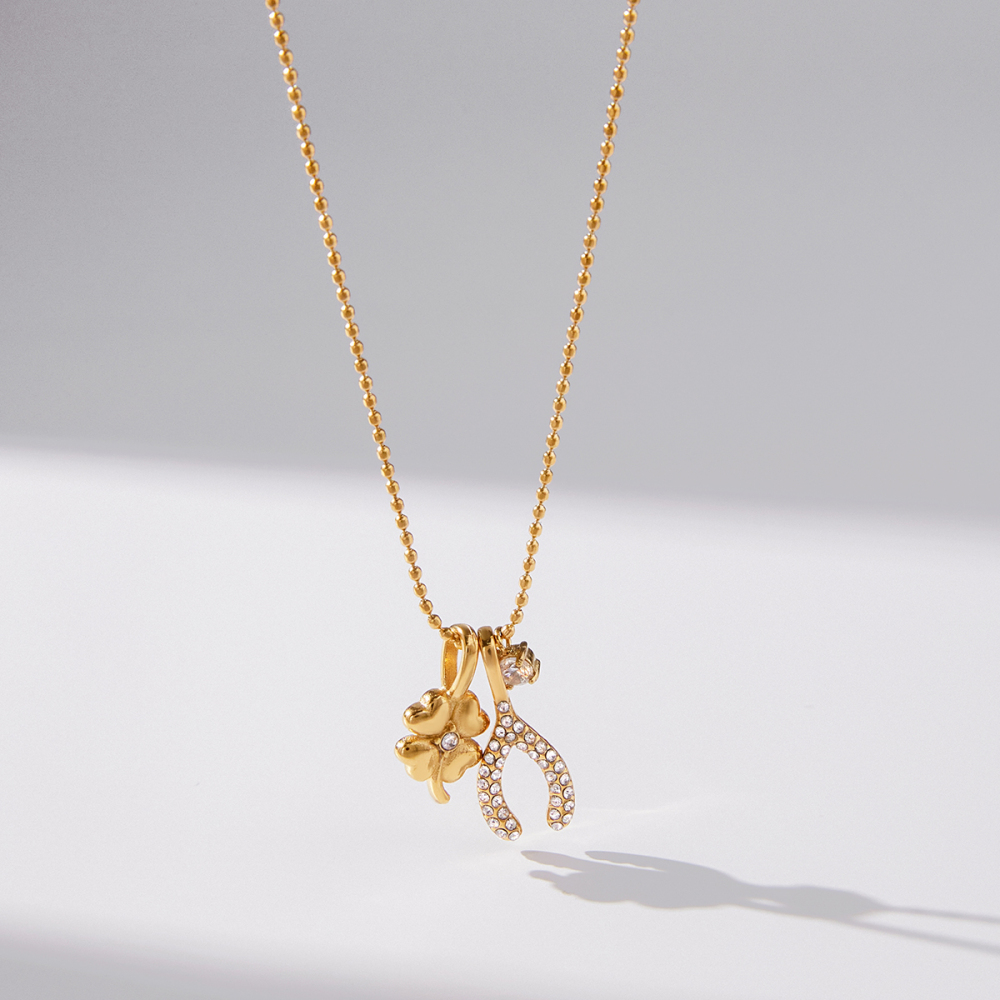 Women's Classic Style 18K Gold Stainless Steel + Zircon White Zircon Four-Leaf Clover + White Zircon Thanksgiving Lucky Wish Bone Y-shaped 3MM Round White Zircon Pendant Bead Chain Necklace 40+5