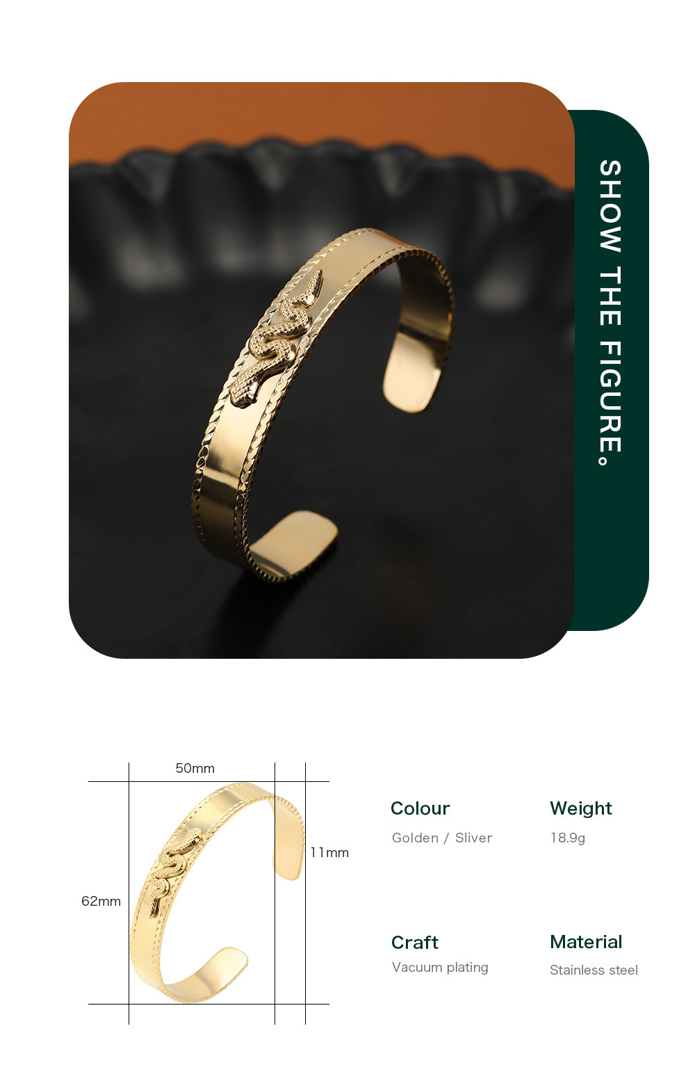 Vacuum Plating Real Gold Plated Snake 304 Stainless Steel Fashion Waterproof Non Tarnish Bangle