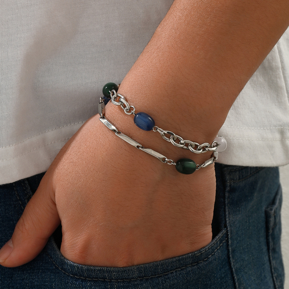 1 Piece 201 Stainless Steel Multicolor Stone Splicing Metal Chain Unisex Couple Bracelet Suitable For Couples, Best Friends, Parties, Gatherings, Vacations Jewelry Accessories