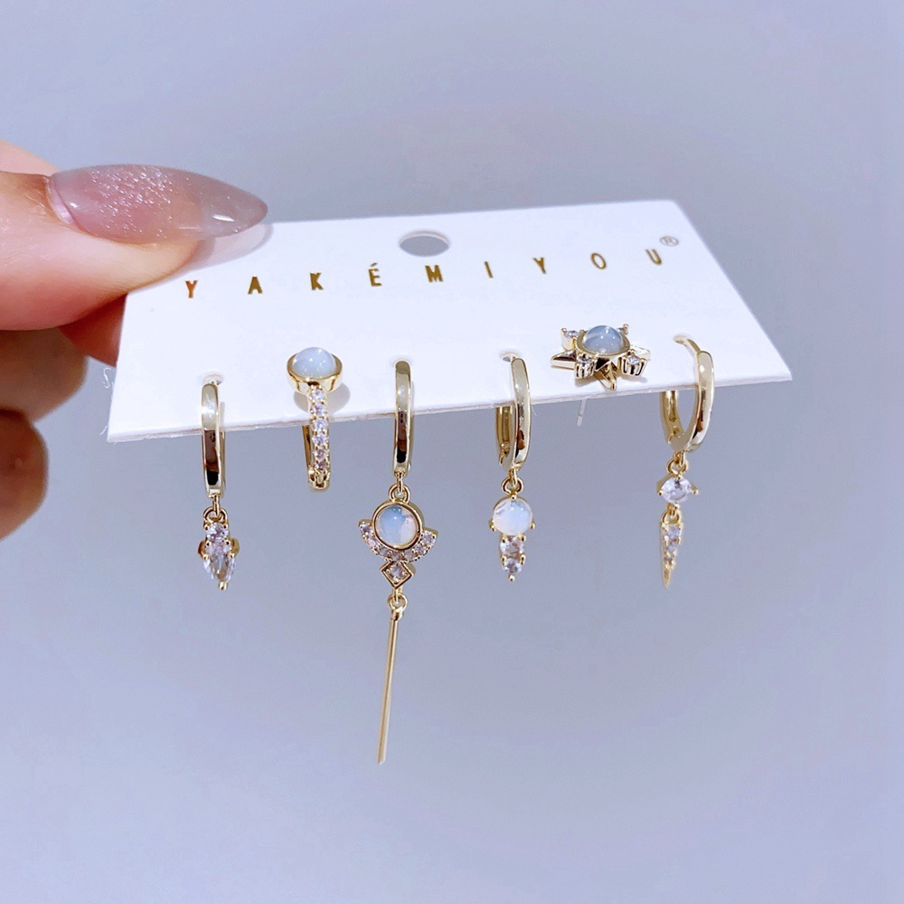 Moonstone Geometric Zircon Earrings Set Fashion 6-piece Set Ladies Copper Material Pendant Earrings Jewelry Accessories