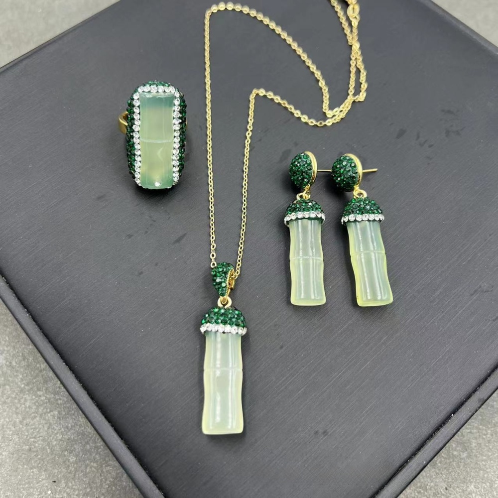 Handmade Natural Agate Bamboo Lucky Three-Piece Set Ethnic Style Czech Crystal Induction Wearing Accessories Luxury Copper