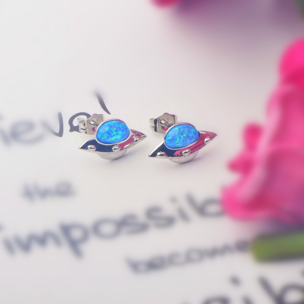 Adorable Girl's Earring Tiktok Hot Sale Flying Saucer Blue Opal Ear Studs Simple Geometric Pattern Copper Jewelry Accessories