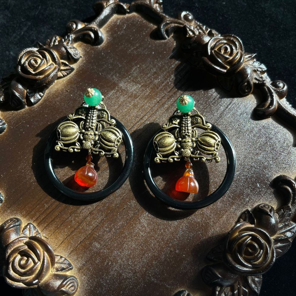 Vintage Chinese Style No-Drill Natural Stone Clip-On Earrings For Women Geometric Pattern Copper Jewelry Fashion Accessories