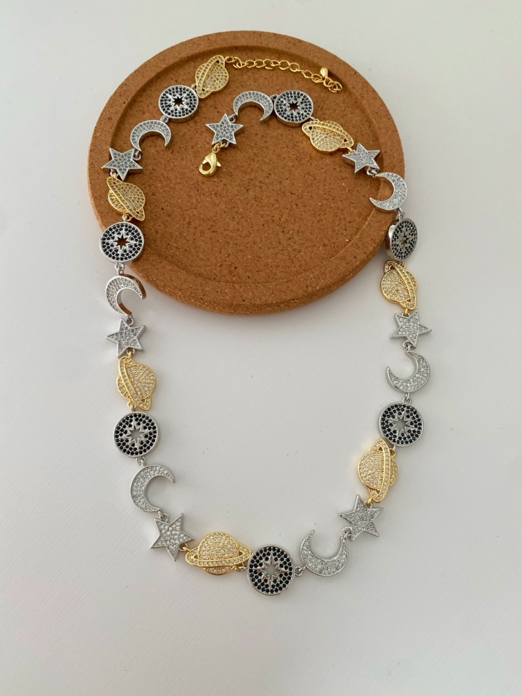 Retro Alloy Full Diamond Connected Stars Moons Planets Bracelet Necklace Women Simple Style Copper Jewelry Accessories