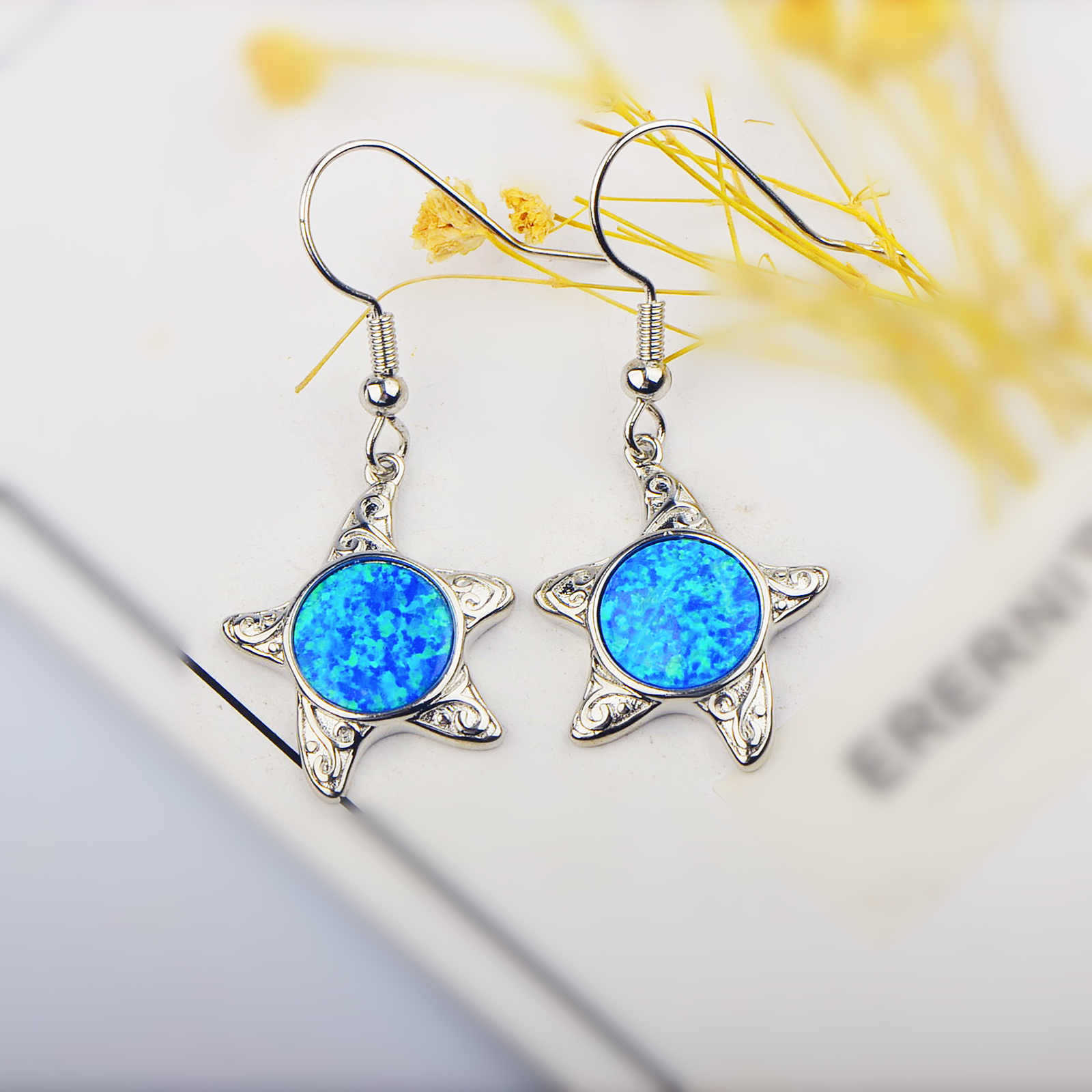 Hawaii Style Blue Opal Starfish Earrings Beach Theme Copper Material Unisex Ins Style Animal Pattern Jewelry Accessories