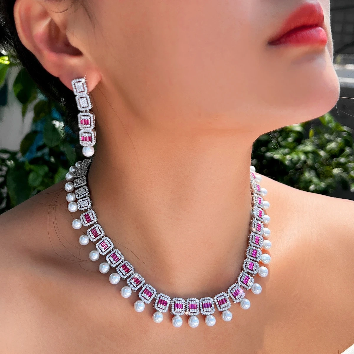 Gold Plated Bridal Jewelry Set 2 Pieces Pearl Rhinestone Necklace And Earrings Elegant Wedding Accessories For Women