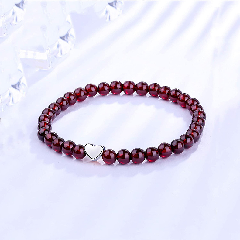 S925 Silver Heart Shaped Love DIY Bracelet Round Beads Jewelry Accessories Wine Red Agate Geometric Pattern Fashion Unisex