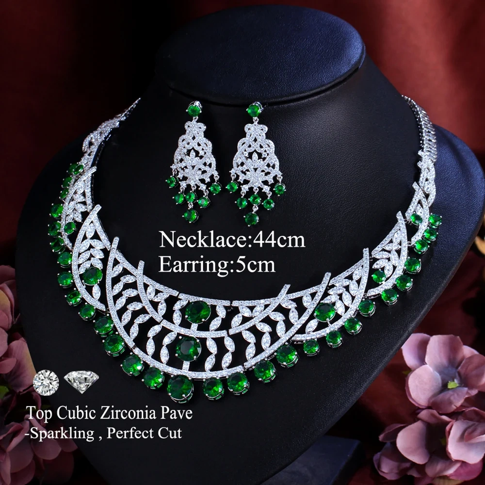 2-Piece Copper Jewelry Set Luxurious Shiny Green Full Cubic Zirconia Hollow Cut Necklace And Earrings Set Suitable For Women To Wear At Weddings And Parties