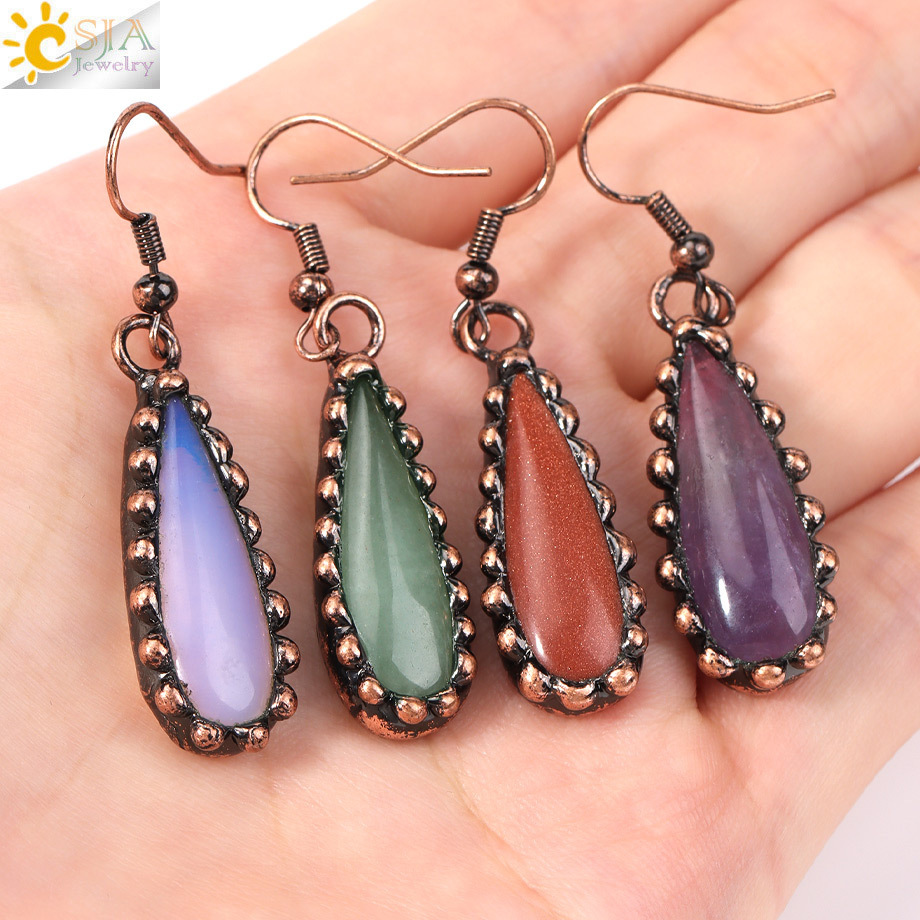 Retro  Natural Crystal Waterdrop Earrings Long East Ling Gold Sand Green Drop Ear Jewelry Accessories