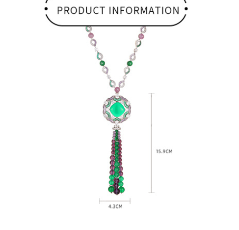 New Chinese Style Beaded Necklace 18K Gold Plated Emerald Tassel Luxury Sweater Chain Jewelry Simple Round Design Pendant