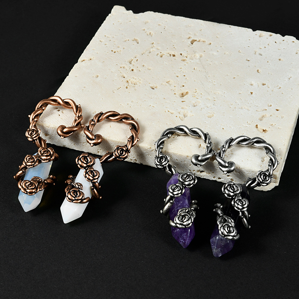 Antique Silver Rose Flower Ear Cuff Winged Dragon Blue Turquoise Dangling Earrings Pierced Copper Ear Jewelry Accessories