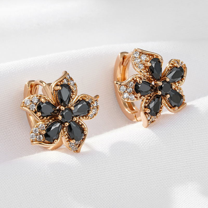 Elegant Bohemian Style Black Flower Diamond Embedded Women's Earrings Luxury Sensation Fashion Jewelry Accessories