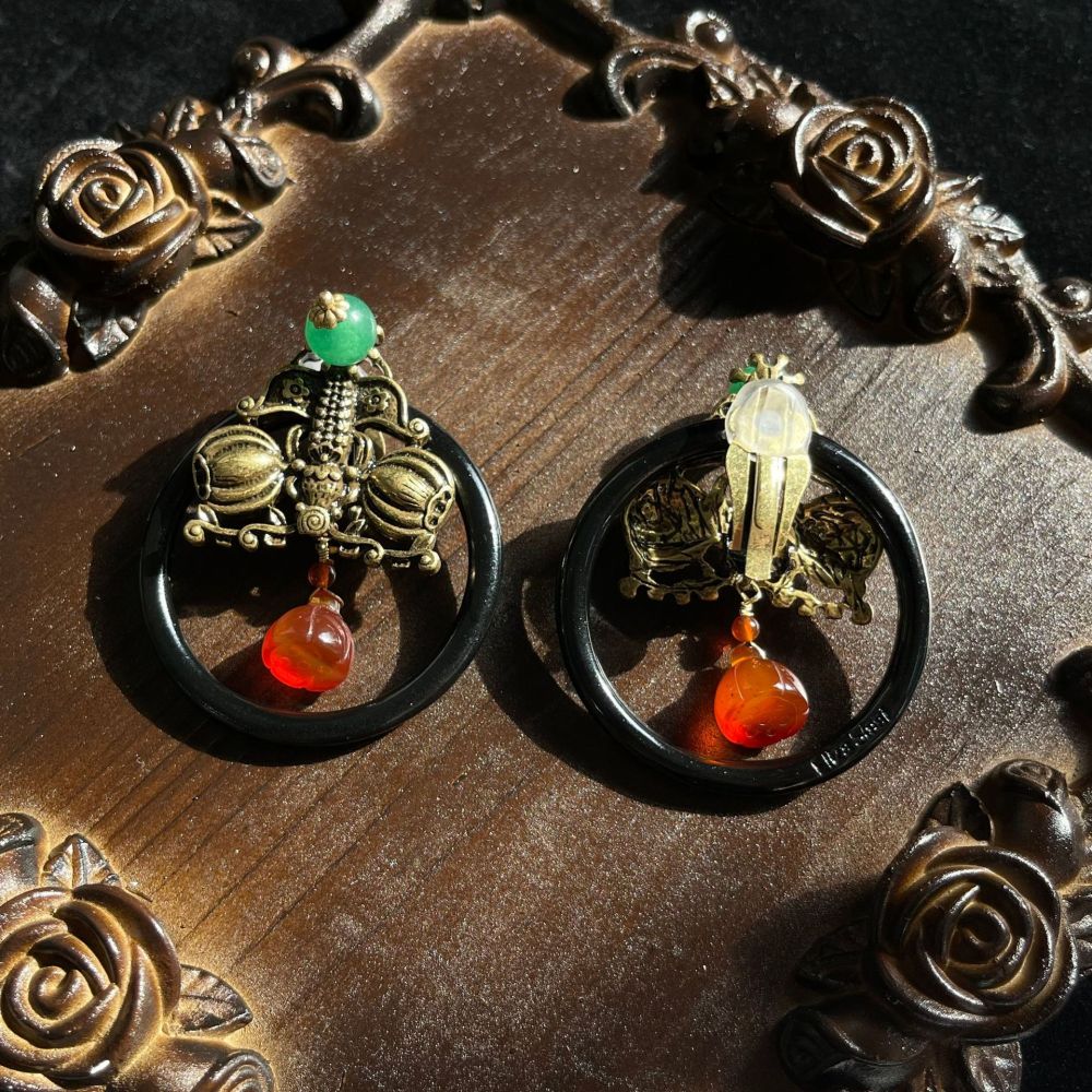 Vintage Chinese Style No-Drill Natural Stone Clip-On Earrings For Women Geometric Pattern Copper Jewelry Fashion Accessories