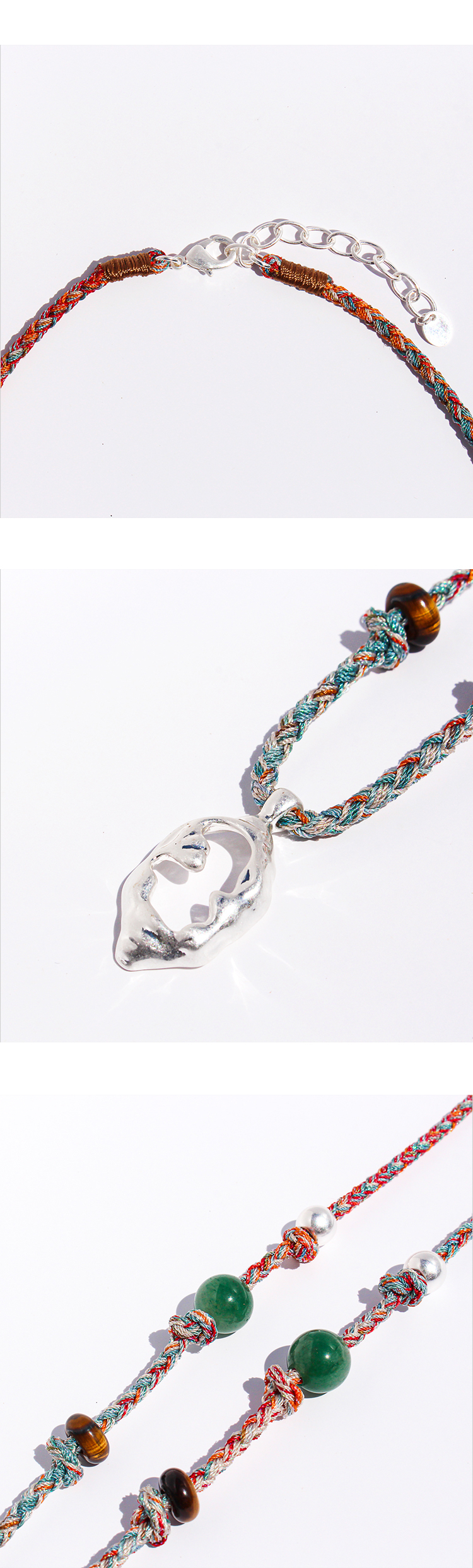 Handmade Colorful Beaded Natural Stone Necklace Liquid Silver Pendant Tiger Eye Stone Bracelet For Ladies Beach Vacation Style Accessories