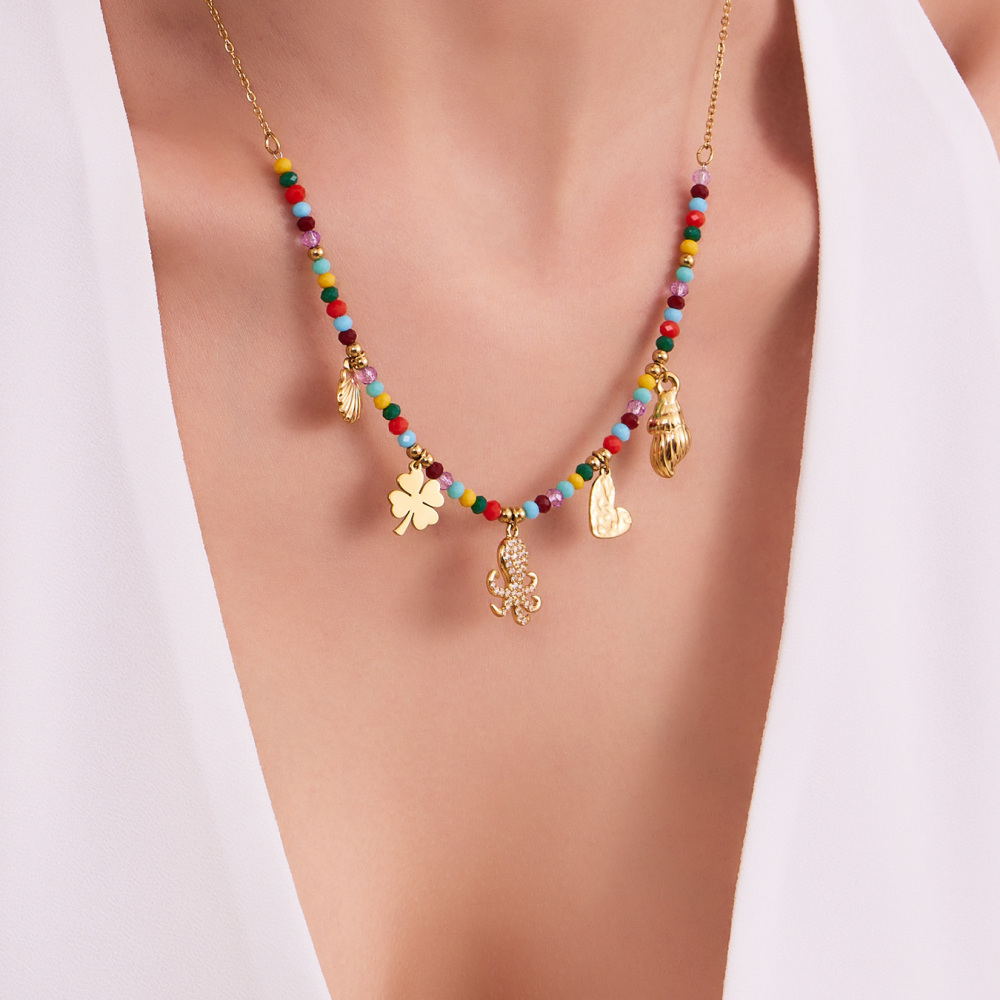Stainless Steel Multi-Color Beads Necklace DIY Octopus Zircon Shell Heart Pendant Clavicle Chain Luxury Jewelry Accessories