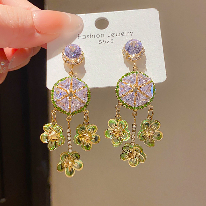 Fashionable French Vintage Silver Needle Zircon Flower Tassel Earrings Luxury Feelings Women's Jewelry Accessories