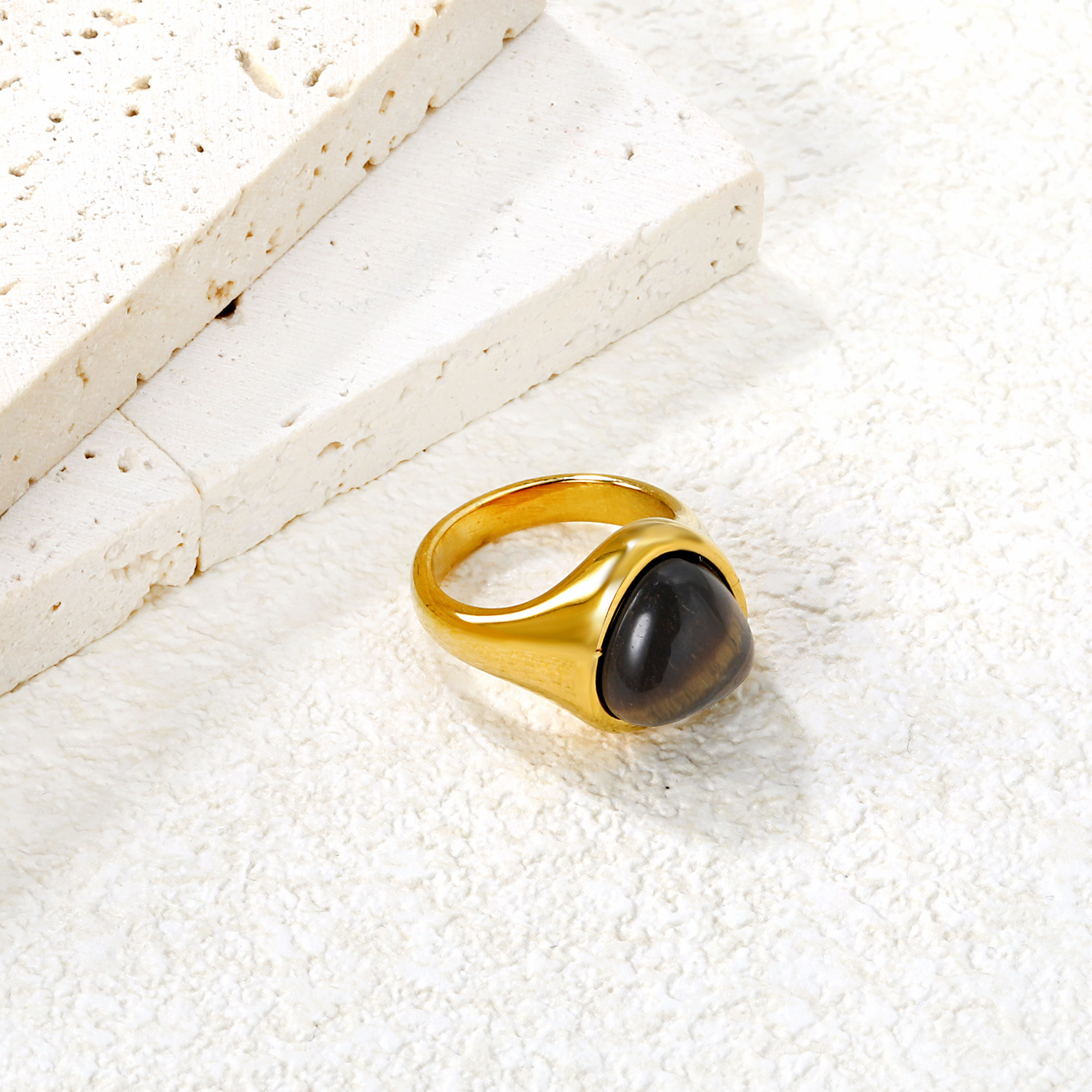 Elegant Tiger Eye Stone Ring Fashion 304 Stainless Steel Vintage Luxury Style Geometric Pattern Unisex High-End Sensual Ring
