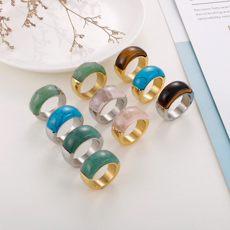 Fashion Geometric Titanium Steel Inlay Turquoise Rings
