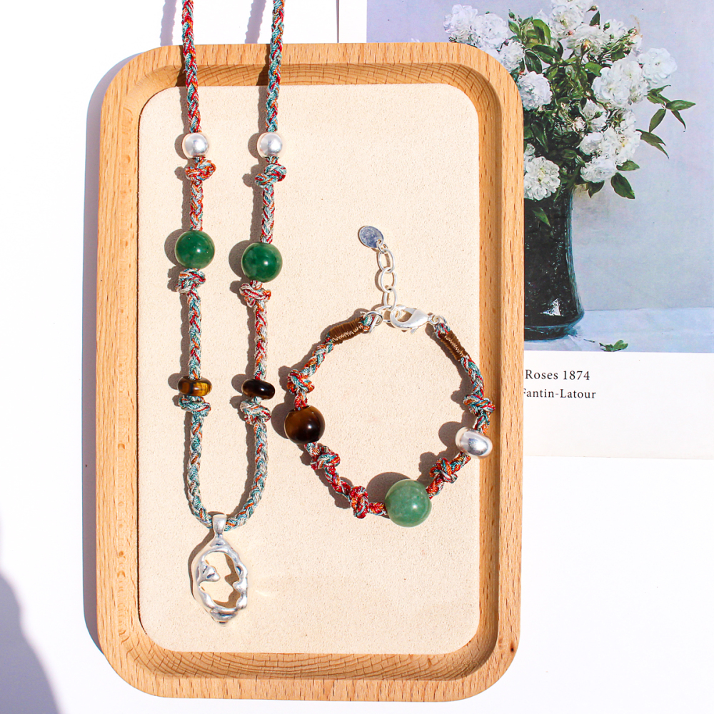Handmade Colorful Beaded Natural Stone Necklace Liquid Silver Pendant Tiger Eye Stone Bracelet For Ladies Beach Vacation Style Accessories