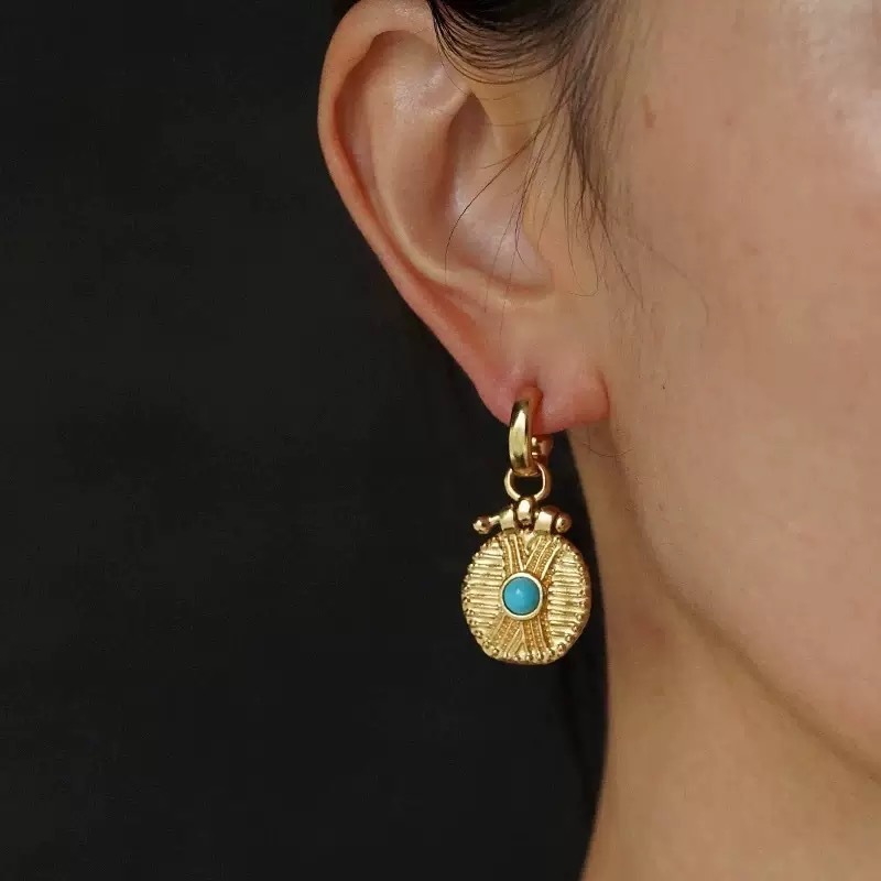 Retro Geometric Totem Green Turquoise Tiger Eye Gold Coin Earrings Women's High-End Feelings Ear Jewelry Fashion Accessories