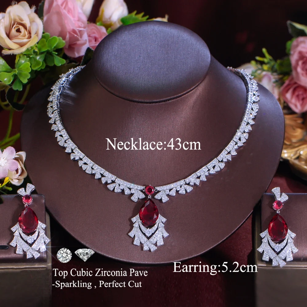 2-Piece Copper Jewelry Set Luxurious Red And White Cubic Zirconia Necklace And Earrings Set For Women Bride Elegant Wedding Banquet Jewelry Set