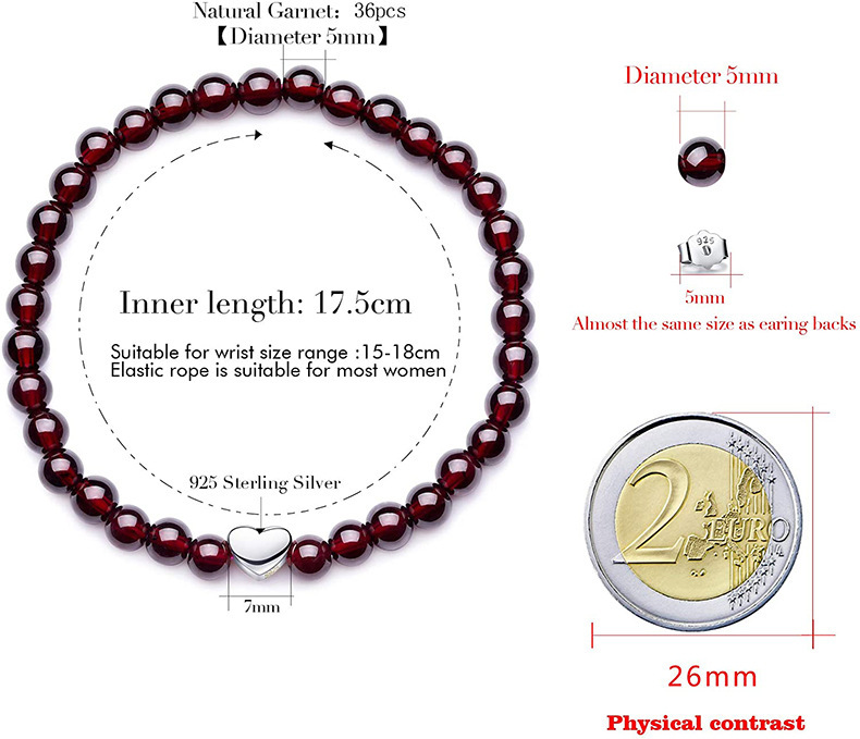 S925 Silver Heart Shaped Love DIY Bracelet Round Beads Jewelry Accessories Wine Red Agate Geometric Pattern Fashion Unisex