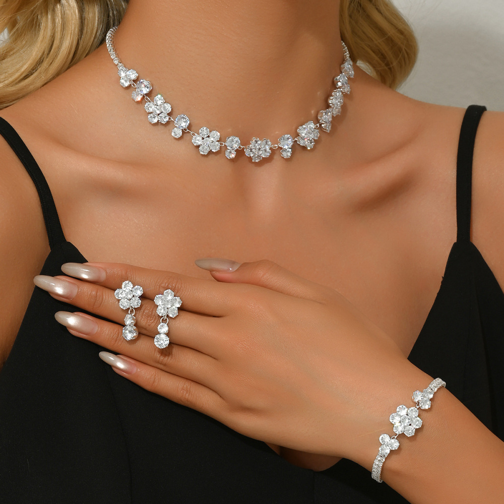 Elegant Simple Middle East Zircon Jewelry Set Four Claw Necklace Earrings Bracelet Bride Atmosphere Wedding Accessories