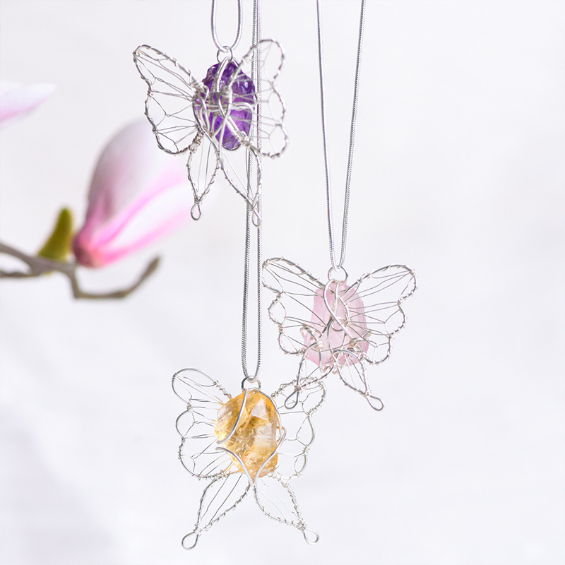 Natural Crystal Raw Stone Butterfly Pendant Necklace Wire Wrapped European And American Pink White Purple Fluorite High-grade Crystal Butterfly Necklace Accessories