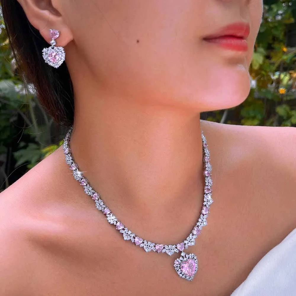2-Piece Copper Jewelry Set Luxurious Romantic Pink Cubic Zirconia Heart Pendant Necklace Earrings Set Women's Wedding Party Banquet Jewelry