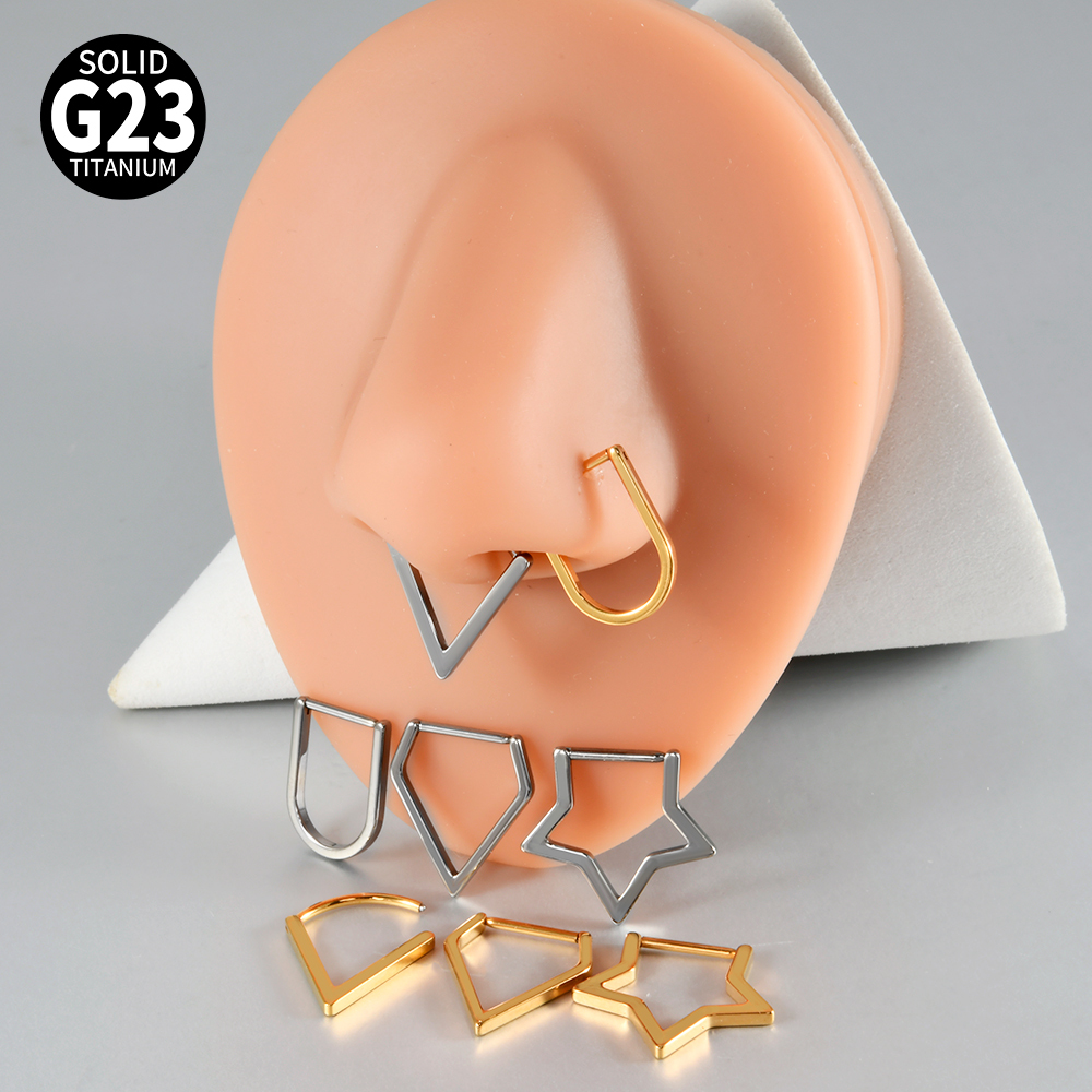 G23 Titanium Geometric Five-Star Earrings Split Ring U-Shaped V-Shaped Trendy Accessories Diamond Gold Split Ring Nose Ring Piercing Jewelry 18G