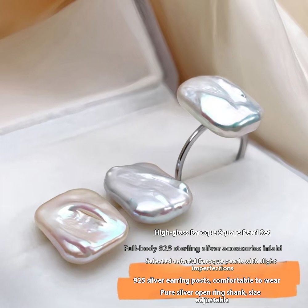 Baroque Style Pure Silver Earrings And Ring Set With Freshwater Pearl Square Design For Women Luxury Personality Jewelry Accessories