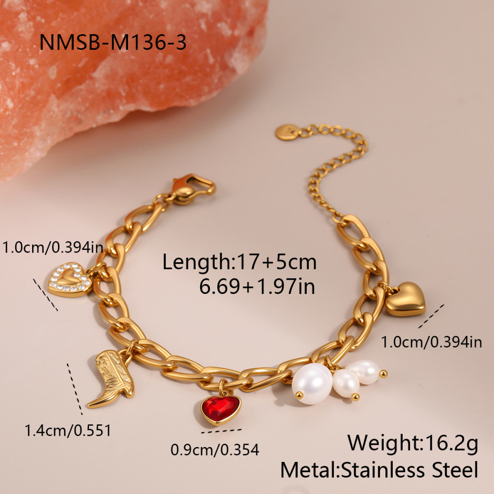 18K Gold-Plated Jewelry Simple Pearl Red Zircon Boot Pendant Style Bracelet Hand Accessories
