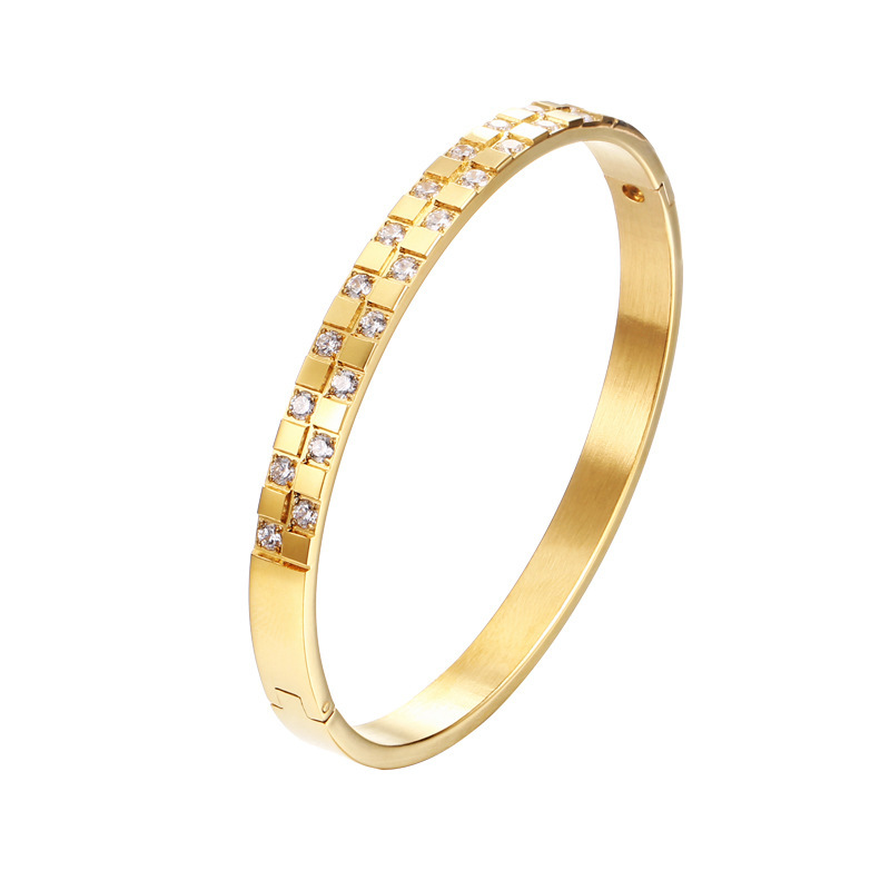 Titanium Steel Inlaid Diamond Wide Bracelet Square Grid Women's Accessories Rose Gold And Silver Black